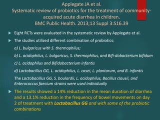 Applegate JA et al.
Systematic review of probiotics for the treatment of community-
acquired acute diarrhea in children.
BMC Public Health. 2013;13 Suppl 3:S16.39
 Eight RCTs were evaluated in the systematic review by Applegate et al.
 The studies utilized different combination of probiotics:
a) L. bulgaricus with S. thermophilus;
b) L. acidophilus, L. bulgaricus, S. thermophilus, and Bifi-dobacterium bifidum
c) L. acidophilus and Bifidobacterium infantis
d) Lactobacillus GG, L. acidophilus, L. casei, L. plantarum, and B. infantis
The Lactobacillus GG, S. boulardii, L. acidophilus, Bacillus clausii, and
Enterococcus faecium strains were used individually
 The results showed a 14% reduction in the mean duration of diarrhea
and a 13.1% reduction in the frequency of bowel movements on day
2 of treatment with Lactobacillus GG and with some of the probiotic
combinations
 