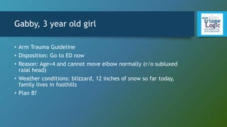 Gabby, 3 year old girl
• Arm Trauma Guideline
• Disposition: Go to ED now
• Reason: Age<4 and cannot move elbow normally (r/o subluxed
raial head)
• Weather conditions: blizzard, 12 inches of snow so far today,
family lives in foothills
• Plan B?
 