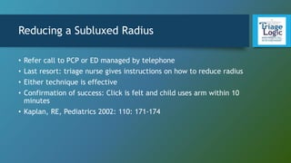 Reducing a Subluxed Radius
• Refer call to PCP or ED managed by telephone
• Last resort: triage nurse gives instructions on how to reduce radius
• Either technique is effective
• Confirmation of success: Click is felt and child uses arm within 10
minutes
• Kaplan, RE, Pediatrics 2002: 110: 171-174
 