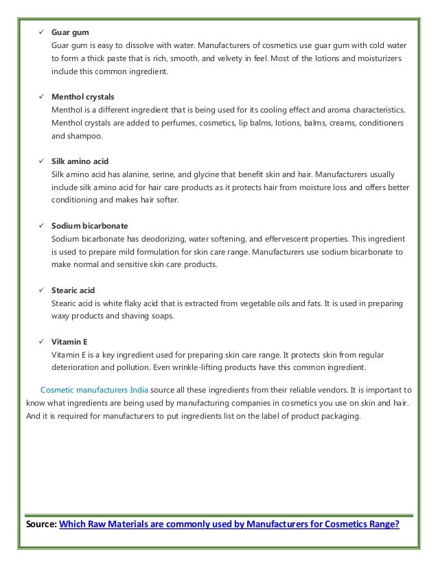 Which raw materials are commonly used by manufacturers for cosmetics range