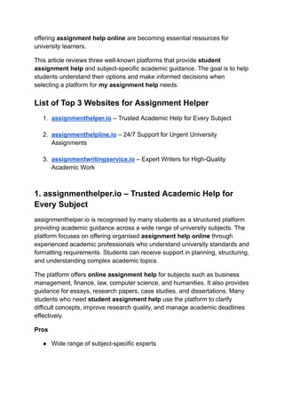 Which Top 3 Assignment Helper Websites Offer Expert Subject-Specific ...