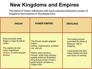 2

       New Kingdoms and Empires
      The blend of Indian influences with local cultures produced a series of
      kingdoms and empires in Southeast Asia.


           PAGAN             KHMER EMPIRE                  SRIVIJAYA




King Anawrata made                                         This trading empire
Pagan a major Buddhist   The Khmer people adapted          controlled the Strait of
center.                  Indian                            Malacca, vital to
                         writing, mathematics, architect   shipping.
The capital city had     ure, and art.
many magnificent                                           Local people blended
stupas, or dome-shaped   Khmer rulers became               Indian beliefs into their
shrines.                 Hindus, while most ordinary       own forms of worship.
                         people preferred Buddhism.
                         King Suryavarman II built a
                         great temple complex at
                         Angkor Wat.
 