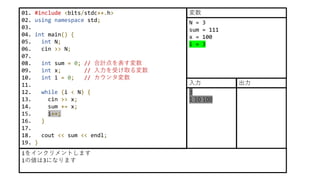 01. #include <bits/stdc++.h>
02. using namespace std;
03.
04. int main() {
05. int N;
06. cin >> N;
07.
08. int sum = 0; // 合計点を表す変数
09. int x; // 入力を受け取る変数
10. int i = 0; // カウンタ変数
11.
12. while (i < N) {
13. cin >> x;
14. sum += x;
15. i++;
16. }
17.
18. cout << sum << endl;
19. }
iをインクリメントします
iの値は3になります
N = 3
sum = 111
x = 100
i = 3
変数
3
1 10 100
入力 出力
 