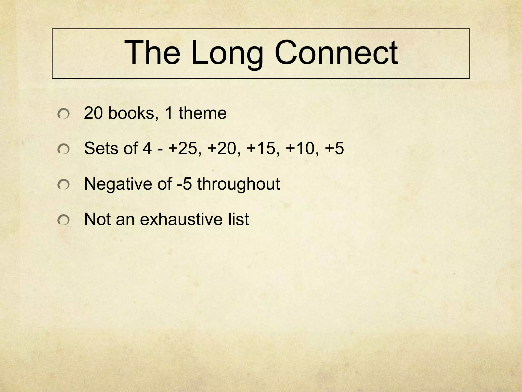 The Long Connect
20 books, 1 theme

Sets of 4 - +25, +20, +15, +10, +5

Negative of -5 throughout

Not an exhaustive list
 