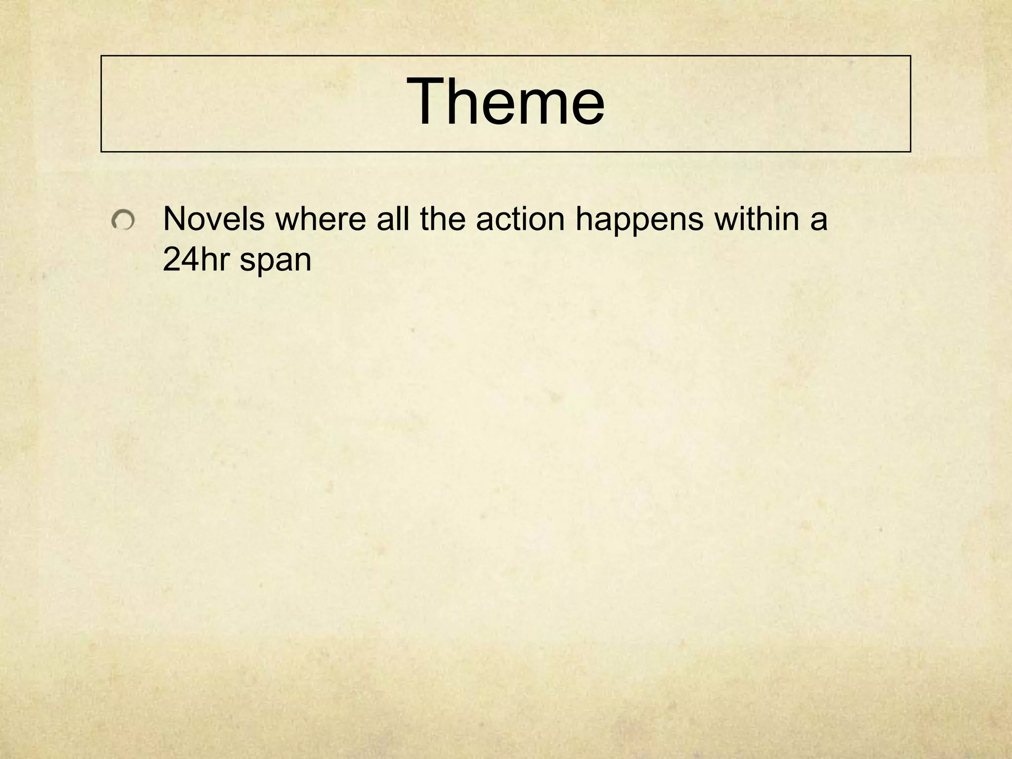 Theme
Novels where all the action happens within a
24hr span
 