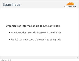 Spamhaus
2
Organisation internationale de lutte antispam
• Maintient des listes d’adresse IP malveillantes
• Utilisé par b...