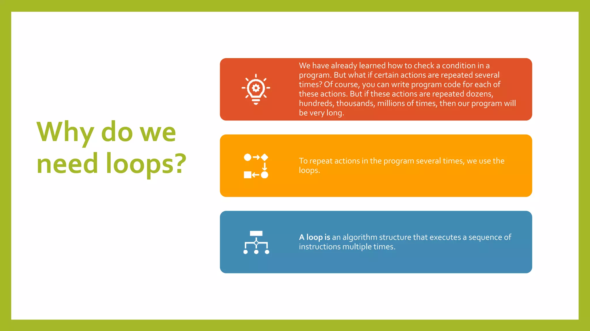 Why do we
need loops?
We have already learned how to check a condition in a
program. But what if certain actions are repeated several
times? Of course, you can write program code for each of
these actions. But if these actions are repeated dozens,
hundreds, thousands, millions of times, then our program will
be very long.
To repeat actions in the program several times, we use the
loops.
A loop is an algorithm structure that executes a sequence of
instructions multiple times.
 