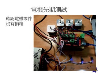 電機先期測試	
  
確認電機零件
沒有損壞	
  
	
  
	
  

 
