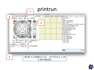 Y	
  

printrun	
  

X	
  
Z	
  

E	
  

測試X,	
  Y,	
  Z	
  軸動作正常，依序用	
  0.1,	
  1,	
  10	
  
E	
  擠出機測試	
  

 