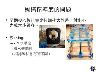 機構精準度的問題	
  
•  早期投⼊入校正會⽐比後調校⼤大誤差，付出⼼心
⼒力成本⼩小很多。	
  
	
  	
  
•  校正ing	
  
–  X,	
  Y	
  水平度	
  
–  擠出機進料	
  	
  
（根據線材會有所不同）	
  

 