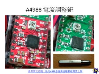 A4988	
  電流調整鈕	
  

參考朋友這篇：設定4988步進⾺馬達驅動板電流上限	
  

 