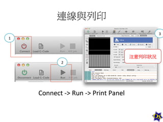 連線與列印	
  
3	
  

1	
  

注意列印狀況	
  
2	
  

Connect	
  -­‐>	
  Run	
  -­‐>	
  Print	
  Panel	
  

 