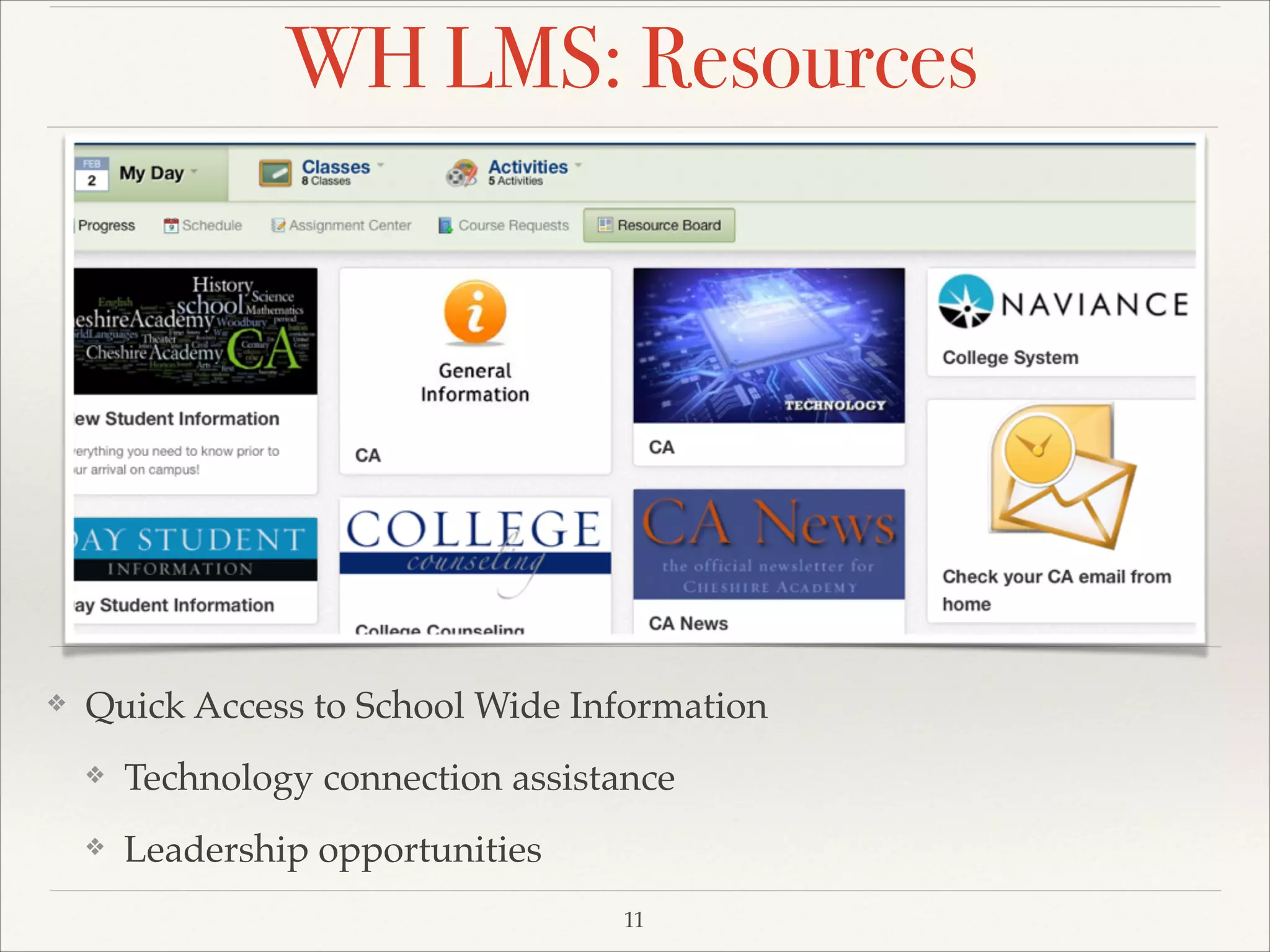 WH LMS: Resources

❖

Quick Access to School Wide Information !
❖

Technology connection assistance !

❖

Leadership opportunities
11

 