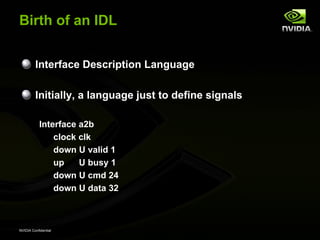 Birth of an IDL


         Interface Description Language

         Initially, a language just to define signals

           Interface a2b
               clock clk
               down U valid 1
               up    U busy 1
               down U cmd 24
               down U data 32



NVIDIA Confidential
 