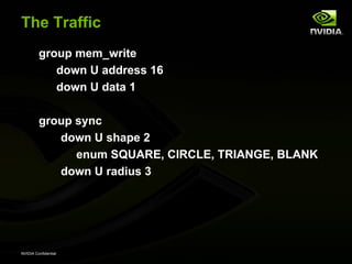 The Traffic
         group mem_write
            down U address 16
            down U data 1

         group sync
            down U shape 2
               enum SQUARE, CIRCLE, TRIANGE, BLANK
            down U radius 3




NVIDIA Confidential
 