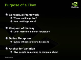 Purpose of a Flow

         Conceptual Framework
                      Where do things live?
                      How do things work?


         Keep out of the way
                      Don’t make life difficult for people


         Define Metaphors
                      Subtly influence future directions


         Anchor for Variation
                      Give people something to complain about

NVIDIA Confidential
 