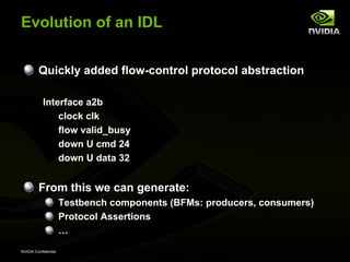 Evolution of an IDL


         Quickly added flow-control protocol abstraction

           Interface a2b
               clock clk
               flow valid_busy
               down U cmd 24
               down U data 32


         From this we can generate:
                      Testbench components (BFMs: producers, consumers)
                      Protocol Assertions
                      …
NVIDIA Confidential
 