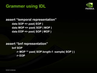 Grammer using IDL


assert “temporal representation”
           data SOP => past( EOP )
           data MOP => past( SOP | MOP )
           data EOP => past( SOP | MOP )



assert “bnf representation”
           bnf SOP
              -> MOP ** past( SOP.length-1 :sample( SOP ) )
              -> EOP




NVIDIA Confidential
 