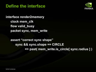 Define the interface

interface render2memory
   clock mem_clk
   flow valid_busy
   packet sync, mem_write

         assert “correct sync shape”
            sync && sync.shape == CIRCLE
                  => past( mem_write.is_circle[ sync.radius ] )




NVIDIA Confidential
 