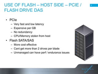 USE OF FLASH – HOST SIDE – PCIE /
FLASH DRIVE DAS
• PCIe
–
–
–
–

Very fast and low latency
Expensive per GB
No redundancy
CPU/Memory stolen from host

• Flash SATA/SAS
– More cost effective
– Cant get more than 2 drives per blade
– Unmanaged can have perf / endurance issues

8

8

 