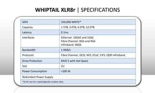WHIPTAIL XLR8r | SPECIFICATIONS
IOPS                                    250,000 WRITE*
Capacity                                1.5TB, 3.0TB, 6.0TB, 12.0TB
Latency                                 0.1ms
Interfaces                              Ethernet: 10GbE and 1GbE
                                        Fibre Channel: 8Gb and 4Gb
                                        Infiniband: 40Gb
Bandwidth                               1.9GB/s
Protocols                               Fibre Channel, iSCSI, NFS, FCoE, CIFS, QDR Infiniband
Drive Protection                        RAID 5 with Hot Spare
Size                                    2U
Power Consumption                       <200 W
Redundant Power Supply
*At 4K size for cryptologically random data
 