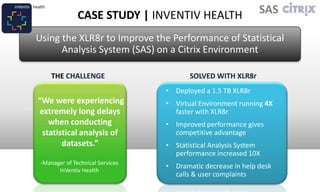 CASE STUDY | INVENTIV HEALTH                   SAS

Using the XLR8r to Improve the Performance of Statistical
      Analysis System (SAS) on a Citrix Environment

     THE CHALLENGE                       SOLVED WITH XLR8r
                                  • Deployed a 1.5 TB XLR8r
“We were experiencing             • Virtual Environment running 4X
extremely long delays               faster with XLR8r
   when conducting                • Improved performance gives
 statistical analysis of            competitive advantage
       datasets.”                 • Statistical Analysis System
                                    performance increased 10X
 -Manager of Technical Services
                                  • Dramatic decrease in help desk
       inVentiv Health
                                    calls & user complaints
 