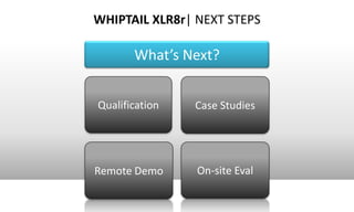 WHIPTAIL XLR8r| NEXT STEPS

       What’s Next?


Qualification   Case Studies




Remote Demo     On-site Eval
 