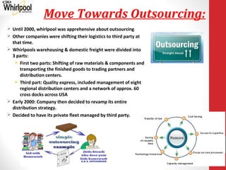 Move Towards Outsourcing:
 Until 2000, whirlpool was apprehensive about outsourcing
 Other companies were shifting their logistics to third party at
that time.
 Whirlpools warehousing & domestic freight were divided into
3 parts:
 First two parts: Shifting of raw materials & components and
transporting the finished goods to trading partners and
distribution centers.
 Third part: Quality express, included management of eight
regional distribution centers and a network of approx. 60
cross docks across USA
 Early 2000: Company then decided to revamp its entire
distribution strategy.
 Decided to have its private fleet managed by third party.
 