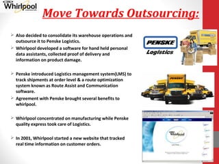 Move Towards Outsourcing:
 Also decided to consolidate its warehouse operations and
outsource it to Penske Logistics.
 Whirlpool developed a software for hand held personal
data assistants, collected proof of delivery and
information on product damage.
 Penske introduced Logistics management system(LMS) to
track shipments at order level & a route optimization
system known as Route Assist and Communication
software.
 Agreement with Penske brought several benefits to
whirlpool.
 Whirlpool concentrated on manufacturing while Penske
quality express took care of Logistics.
 In 2001, Whirlpool started a new website that tracked
real time information on customer orders.
 