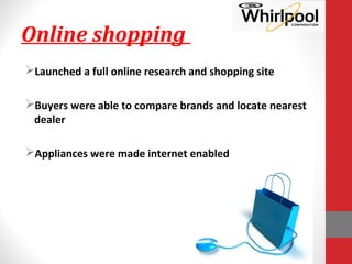 Online shopping
Launched a full online research and shopping site
Buyers were able to compare brands and locate nearest
dealer
Appliances were made internet enabled
 