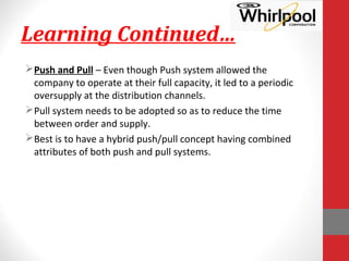 Learning Continued…
Push and Pull – Even though Push system allowed the
company to operate at their full capacity, it led to a periodic
oversupply at the distribution channels.
Pull system needs to be adopted so as to reduce the time
between order and supply.
Best is to have a hybrid push/pull concept having combined
attributes of both push and pull systems.
 