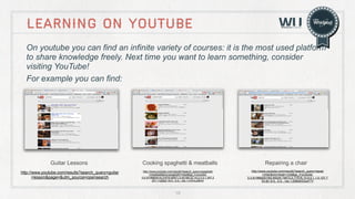 Learning on YouTube
On youtube you can find an infinite variety of courses: it is the most used platform
to share knowledg...