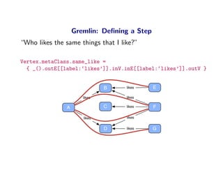 Gremlin: Deﬁning a Step
“Who likes the same things that I like?”

Vertex.metaClass.same_like =
  { _().outE[[label:‘likes’]].inV.inE[[label:‘likes’]].outV }


                              B     likes    E

                      likes         likes

               A              C     likes    F

                      likes         likes


                              D     likes    G
 