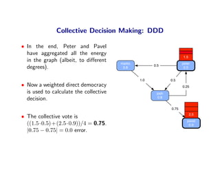 Collective Decision Making: DDD

• In the end, Peter and Pavel
  have aggregated all the energy
                                                                     1.5
  in the graph (albeit, to diﬀerent     marko                        peter
                                                      0.5
  degrees).                              0.8                          0.5


                                                1.0           0.5
• Now a weighted direct democracy                                    0.25
  is used to calculate the collective                  josh
                                                        0.8
  decision.
                                                              0.75
                                                                           2.5
• The collective vote is
                                                                        pavel
  ((1.5·0.5)+(2.5·0.9))/4 = 0.75.                                        0.9
  |0.75 − 0.75| = 0.0 error.
 