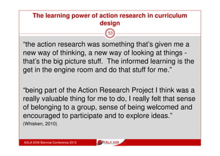The learning power of action research in curriculum
design
ASLA XXIII Biennial Conference 2013
53
Impact of Action Research at my school?
2011 Action Learning Teams: compulsory involvement
with free topic choice - examples:
P-12 Online Reporting and Assessment for Learning
Science: Assessment for Learning
Bus Studies & Leg Studies: VCAA data for improved teaching
Maths: wikis, podcasts, iPods, etc., to enhance teaching
Library & Heads of Learning: Curriculum eResources
Library team: Reference and Reading Advisory Skills
 