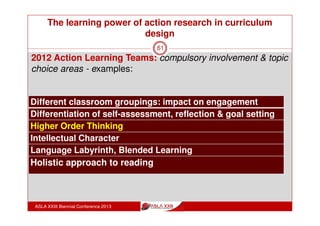 The learning power of action research in
curriculum design
ASLA XXIII Biennial Conference 2013
61
LEARNING INTENTIONS:
Traffic Light Reflection
2. Use of Action Research for professional
learning in schools
Understand? Yes Maybe No
Use? Yes Maybe No
 