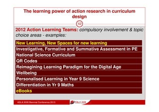 The learning power of action research in
curriculum design
ASLA XXIII Biennial Conference 2013
62
LEARNING INTENTIONS:
Traffic Light Reflection
3. Possibilities for teacher librarians to take an
active role in action research at their schools
Understand? Yes Maybe No
Use? Yes Maybe No
 