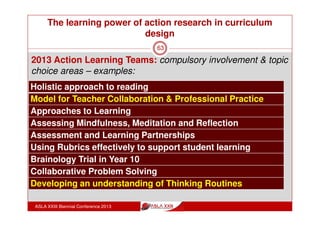 The learning power of action research in
curriculum design: References
ASLA XXIII Biennial Conference 2013
63
Bruce, C. (2008). Informed learning. Chicago: Association of College
and Research Libraries
Herr, K., & Anderson, G. L. (2005). The action research dissertation: a
guide for students and faculty. London: SAGE.
Kemmis, S. (1988). Action research in retrospect and prospect. In The
action research reader (pp. 27-39). Victoria: Deakin University Press
Kemmis, S. (2008). Researching for praxis: Knowing doing. . Paper
presented at the ‘Researching practice’ conference sponsored by the
journal Pedagogy, Culture and Society and Gothenburg University.
September 13, 2008.
Kemmis, S. (2009). Action research as a practice-based practice.
Educational Action Research, 17(3), 463-474.
Kemmis, S., & McTaggert, R. (2005). Participatory action research:
communicative action and the public sphere. In Handbook of qualitative
research (pp. 559-602).
Whisken, A. (2010). PhD Data Collection (unpublished). Melbourne.
 