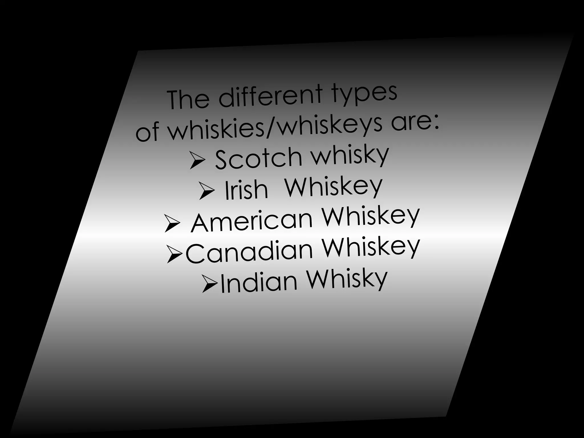 The different types  of whiskies/whiskeys are: Scotch whisky Irish  Whiskey American Whiskey Canadian Whiskey Indian Whisky 