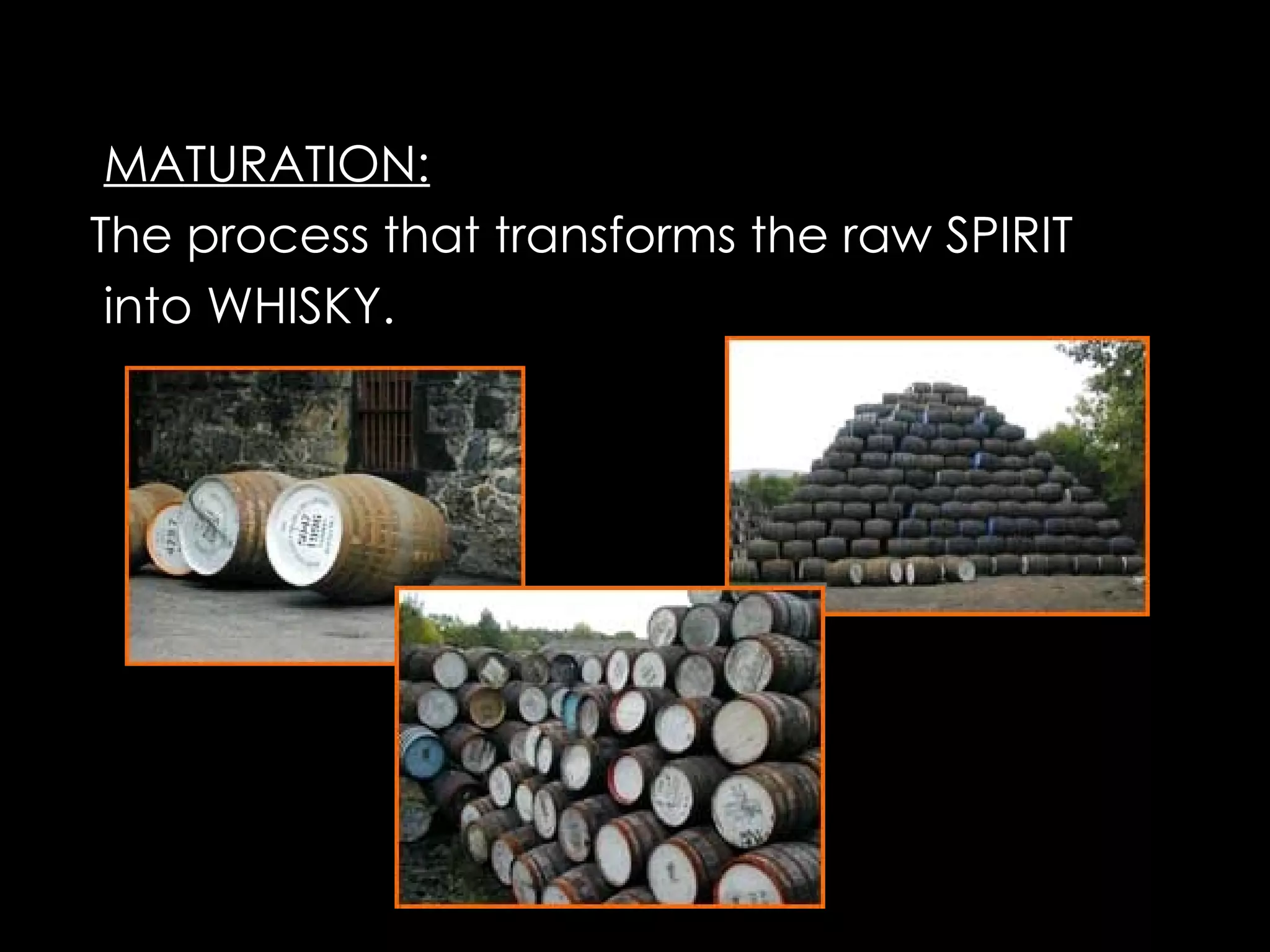 MATURATION: The process that transforms the raw SPIRIT into WHISKY.  