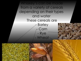 Whiskey’s can be made from a variety of cereals  depending on their types  and water  These cereals are Barley Corn Rye Wheat 