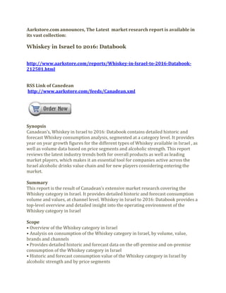 Aarkstore.com announces, The Latest market research report is available in
its vast collection:

Whiskey in Israel to 2016: Databook


http://www.aarkstore.com/reports/Whiskey-in-Israel-to-2016-Databook-
212581.html


RSS Link of Canedean
http://www.aarkstore.com/feeds/Canadean.xml




Synopsis
Canadean’s, Whiskey in Israel to 2016: Databook contains detailed historic and
forecast Whiskey consumption analysis, segmented at a category level. It provides
year on year growth figures for the different types of Whiskey available in Israel , as
well as volume data based on price segments and alcoholic strength. This report
reviews the latest industry trends both for overall products as well as leading
market players, which makes it an essential tool for companies active across the
Israel alcoholic drinks value chain and for new players considering entering the
market.

Summary
This report is the result of Canadean’s extensive market research covering the
Whiskey category in Israel. It provides detailed historic and forecast consumption
volume and values, at channel level. Whiskey in Israel to 2016: Databook provides a
top-level overview and detailed insight into the operating environment of the
Whiskey category in Israel

Scope
• Overview of the Whiskey category in Israel
• Analysis on consumption of the Whiskey category in Israel, by volume, value,
brands and channels
• Provides detailed historic and forecast data on the off-premise and on-premise
consumption of the Whiskey category in Israel
• Historic and forecast consumption value of the Whiskey category in Israel by
alcoholic strength and by price segments
 