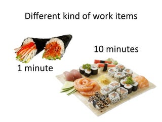 Diﬀerent	
  kind	
  of	
  work	
  items	
  
10	
  minutes	
  
1	
  minute	
  
 