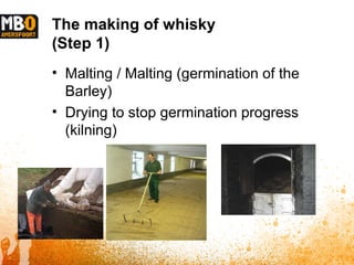 The making of whisky
(Step 1)
• Malting / Malting (germination of the
Barley)
• Drying to stop germination progress
(kilning)
 