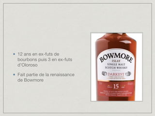 12 ans en ex-futs de
bourbons puis 3 en ex-futs
d’Oloroso

Fait partie de la renaissance
de Bowmore
 