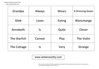 A great teaching resource from
   www.iankenworthy.com




              Grandpa            Always                                           Wears                                    A Dressing Gown


                   Glob           Loves                                            Eating                                      Blancmange

             Annabeth               Is                                              Quite                                                Clever

          The Starfish           Cannot                                               Play                                         The Violin

          The Cottage               Is                                               Very                                             Strange


                                 www.iankenworthy.com

                                   This worksheet is based upon The Whispering Sand by Ian Kenworthy. It has been made by Ian Kenworthy for use in education and
                                   for promoting the Whispering Sand only. Thank You
 
