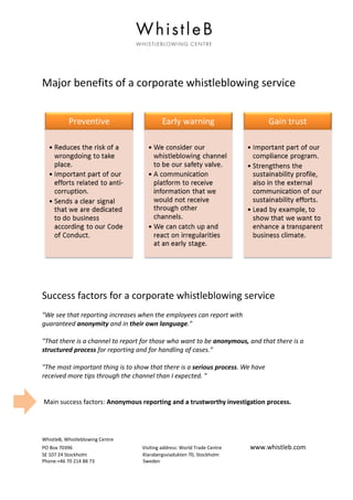WhistleB, Whistleblowing Centre
PO Box 70396 Visiting address: World Trade Centre www.whistleb.com
SE 107 24 Stockholm Klarabergsviadukten 70, Stockholm
Phone:+46 70 214 88 73 Sweden
5
Major benefits of a corporate whistleblowing service
Success factors for a corporate whistleblowing service
"We see that reporting increases when the employees can report with
guaranteed anonymity and in their own language."
"That there is a channel to report for those who want to be anonymous, and that there is a
structured process for reporting and for handling of cases."
"The most important thing is to show that there is a serious process. We have
received more tips through the channel than I expected. "
Main success factors: Anonymous reporting and a trustworthy investigation process.
 