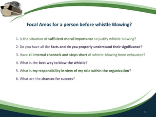 Focal Areas for a person before whistle Blowing?

1. Is the situation of sufficient moral importance to justify whistle-blowing?

2. Do you have all the facts and do you properly understand their significance?

3. Have all internal channels and steps short of whistle-blowing been exhausted?

4. What is the best way to blow the whistle?

5. What is my responsibility in view of my role within the organization?

6. What are the chances for success?




                                                                                  11
 