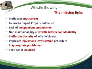 Whistle Blowing -
                                 The missing links
•   Ineffective mechanism
•   Failure to Impart Proper confidence
•   Lack of Independent ombudsmen
•   Non maintainability of whistle blower confidentiality
•   Ineffective Security of whistle blower
•   Improper Inquiry and investigation procedure
•   Inappropriate punishment
•   The Fear of Isolation




                                                            32
 