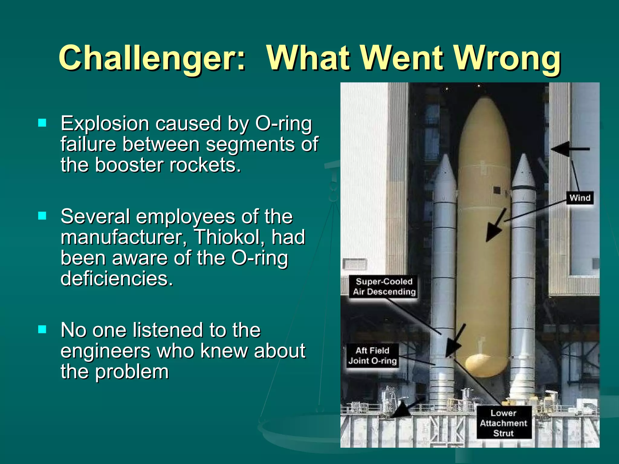 Challenger:  What Went Wrong Explosion caused by O-ring failure between segments of the booster rockets. Several employees of the manufacturer, Thiokol, had been aware of the O-ring deficiencies. No one listened to the engineers who knew about the problem 